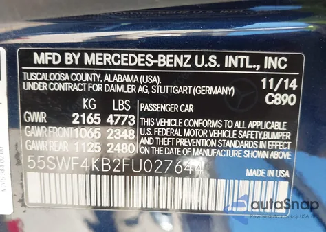 2015 Mercedes-Benz C 300 4Matic/Luxury 4Matic/Sport 4Matic из США, поврежденный, VIN 55SWF4KB2FU027644